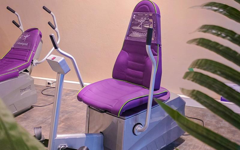 Trainingsgerät mit lila Sitzpolstern